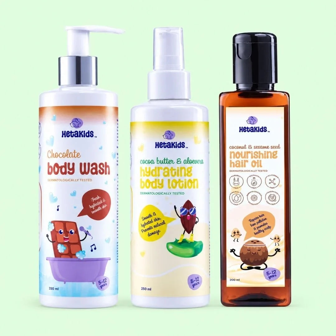 Nourish & Glow Trio (Chocolate Body Wash+ Hair Oil+ Body Lotion)-Complete Hair & Skin Care for Kids (5–12 Years)