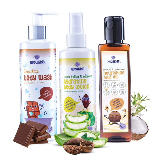 HetaKids Coconut Hair Oil, Chocolate Body Wash, Cocoa Butter & Aloevera Lotion, Complete Skin and Hair Care Combo Pack, Travel Essential set for Kids, Pack of 3