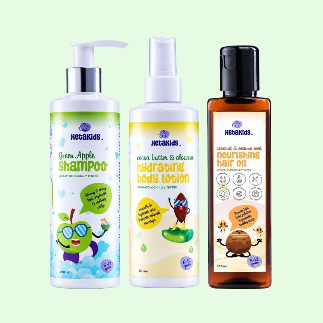 Complete Care Trio (Green Apple Shampoo + Hair Oil + Body Lotion) - Hair & Skin Essentials for Growing Kids (5–12 Years)