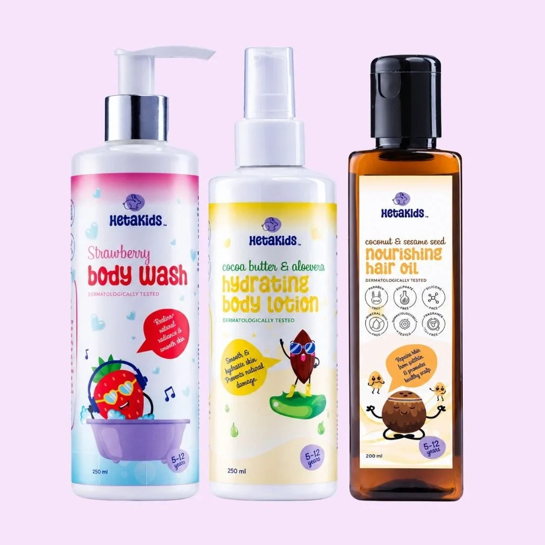 Complete Care Travel Trio (Strawberry Body Wash +Body Lotion+ Hair oil)- Complete Hair & Skin Care for Kids (5–12 Years)