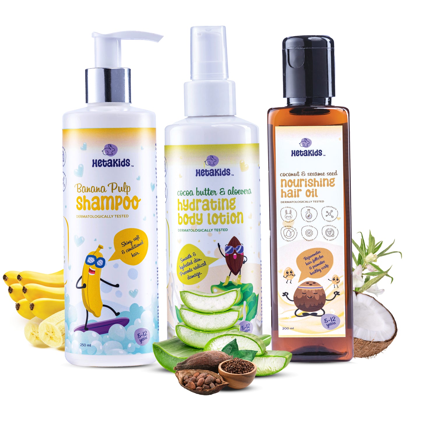 HetaKids Complete Skin and Hair Care Combo Set / Travel essential Set for Kid's (Age: 5 Years to 12 Years) (Coconut + Cocoa + Banana Plup)